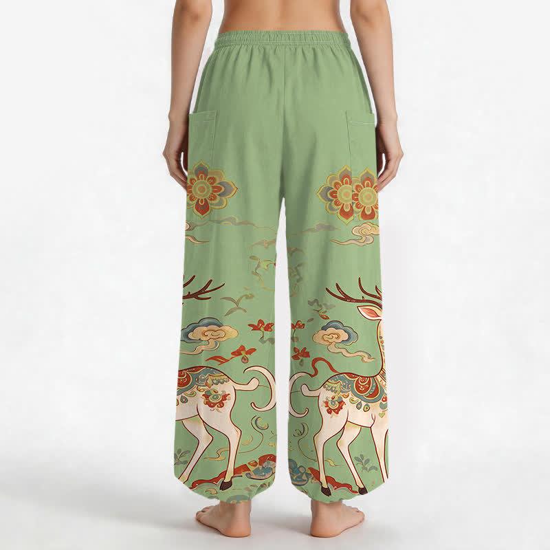 Buddha Stones Pantaloni harem da donna in cotone con elastico in vita e motivo boho cervi nuvole, con tasche laterali. - image 12