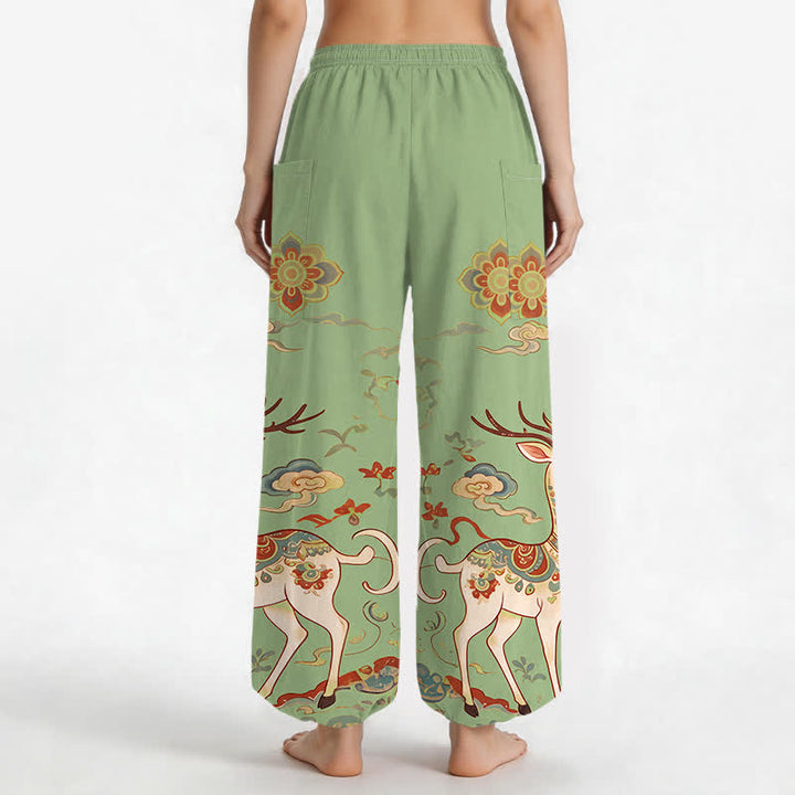Buddha Stones Pantaloni harem da donna in cotone con elastico in vita e motivo boho cervi nuvole, con tasche laterali. - image 12