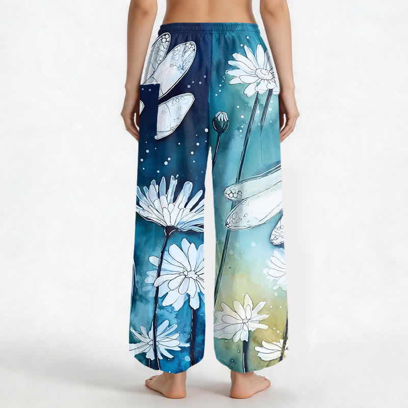 Buddha Stones Pantaloni harem da donna in cotone con elastico in vita e tasche laterali, stampa libellula e margherita ad acquerello. - image 2
