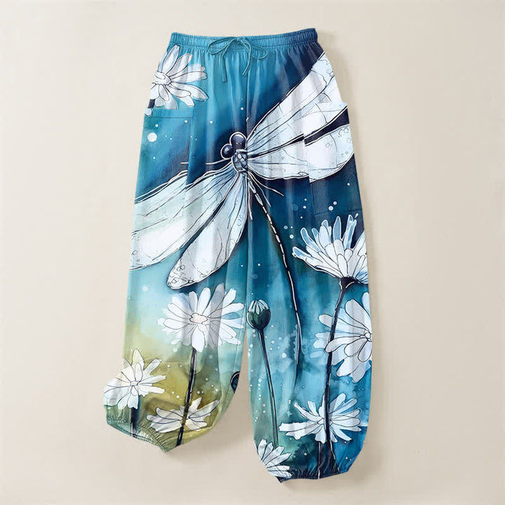Buddha Stones Pantaloni harem da donna in cotone con elastico in vita e tasche laterali, stampa libellula e margherita ad acquerello. - image 4