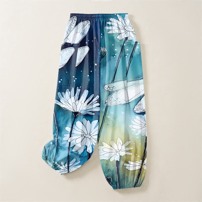 Buddha Stones Pantaloni harem da donna in cotone con elastico in vita e tasche laterali, stampa libellula e margherita ad acquerello. - image 3
