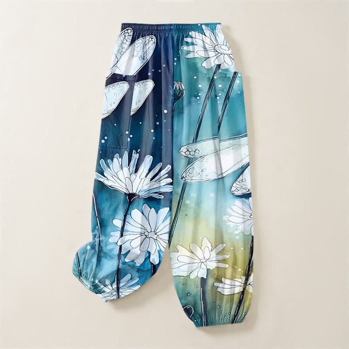 Buddha Stones Pantaloni harem da donna in cotone con elastico in vita e tasche laterali, stampa libellula e margherita ad acquerello. - image 3