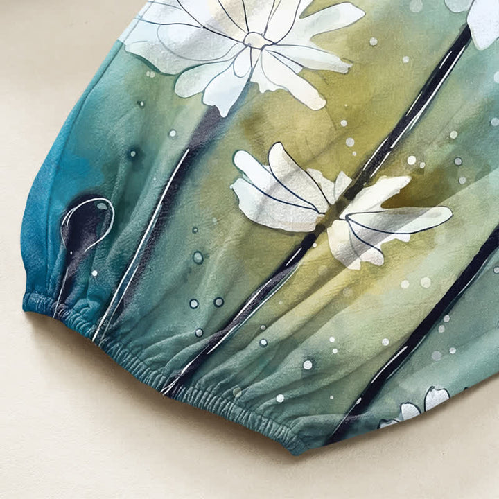 Buddha Stones Pantaloni harem da donna in cotone con elastico in vita e tasche laterali, stampa libellula e margherita ad acquerello. - image 6