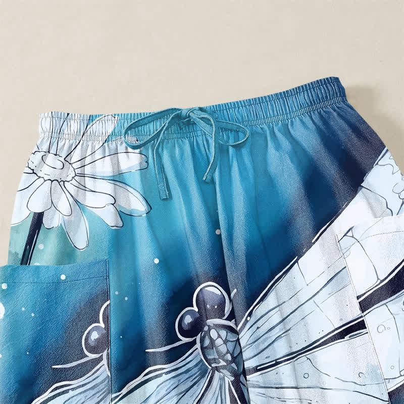 Buddha Stones Pantaloni harem da donna in cotone con elastico in vita e tasche laterali, stampa libellula e margherita ad acquerello. - image 5