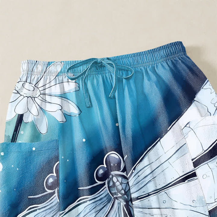 Buddha Stones Pantaloni harem da donna in cotone con elastico in vita e tasche laterali, stampa libellula e margherita ad acquerello. - image 5