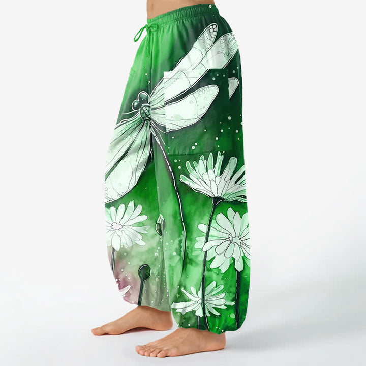 Buddha Stones Pantaloni harem da donna in cotone con elastico in vita e tasche laterali, stampa libellula e margherita ad acquerello. - image 8