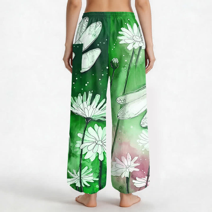 Buddha Stones Pantaloni harem da donna in cotone con elastico in vita e tasche laterali, stampa libellula e margherita ad acquerello. - image 9