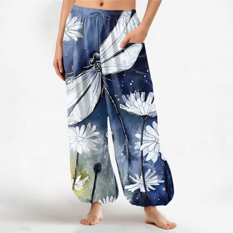 Buddha Stones Pantaloni harem da donna in cotone con elastico in vita e tasche laterali, stampa libellula e margherita ad acquerello. - Marina - US16, UK/AU20, EU48 (3XL) - image 10