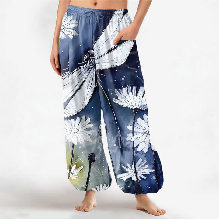 Buddha Stones Pantaloni harem da donna in cotone con elastico in vita e tasche laterali, stampa libellula e margherita ad acquerello. - Marina - US16, UK/AU20, EU48 (3XL) - image 10