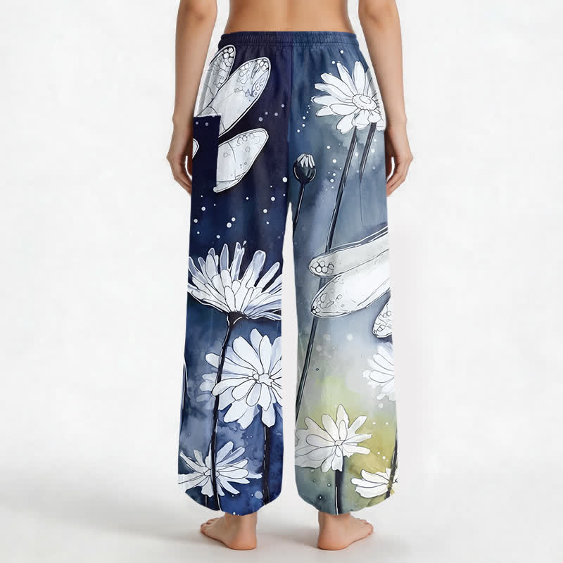 Buddha Stones Pantaloni harem da donna in cotone con elastico in vita e tasche laterali, stampa libellula e margherita ad acquerello. - image 12