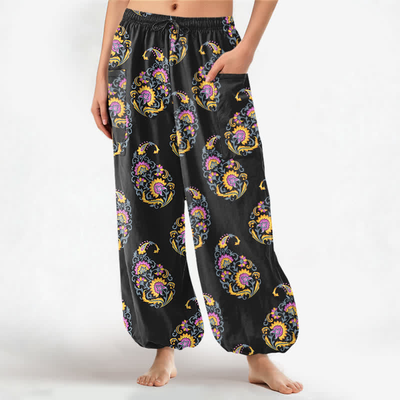 Buddha Stones Pantaloni harem da donna in cotone stile bohémien con motivo paisley persiano e vita elasticizzata, con tasche laterali. - Nero - US16, UK/AU20, EU48 (3XL) - image 0