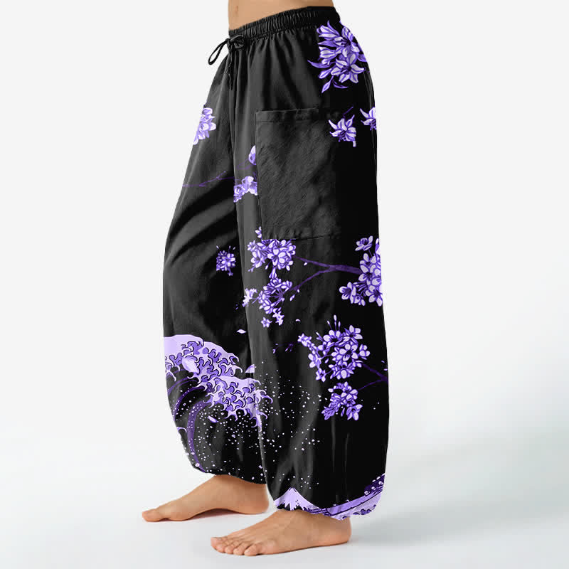Buddha Stones Pantaloni harem da donna in cotone con elastico in vita e motivo a onde Ukiyo-e, con tasche laterali. - image 1