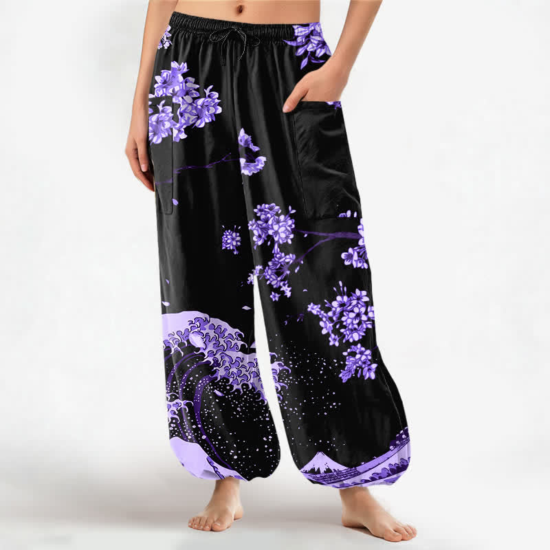Buddha Stones Pantaloni harem da donna in cotone con elastico in vita e motivo a onde Ukiyo-e, con tasche laterali. - Viola scuro - US16, UK/AU20, EU48 (3XL) - image 0