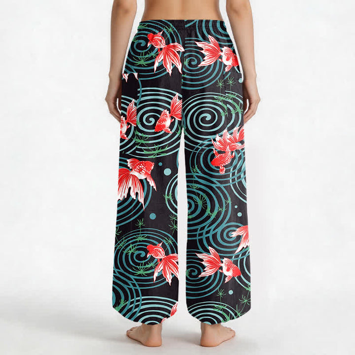 Buddha Stones Pantaloni harem da donna in cotone con motivo a onde di carpe koi orientali e vita elasticizzata, con tasche laterali. - image 2
