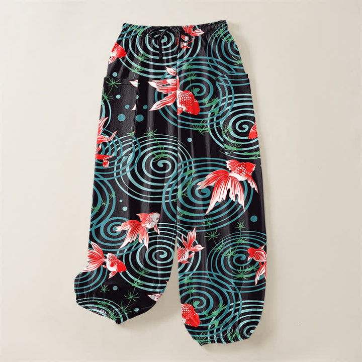 Buddha Stones Pantaloni harem da donna in cotone con motivo a onde di carpe koi orientali e vita elasticizzata, con tasche laterali. - image 3