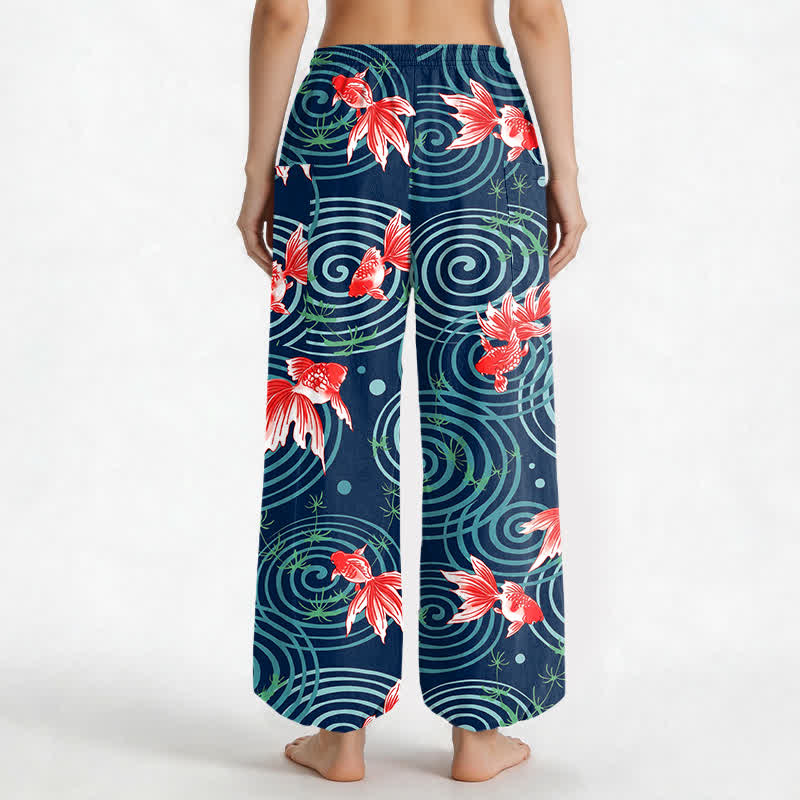 Buddha Stones Pantaloni harem da donna in cotone con motivo a onde di carpe koi orientali e vita elasticizzata, con tasche laterali. - image 9