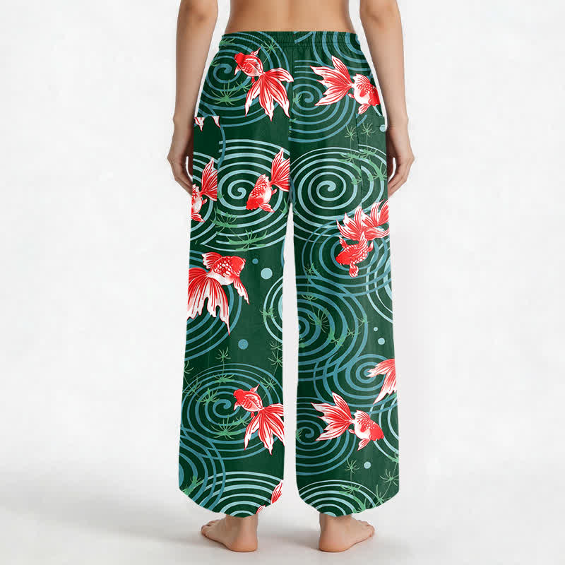 Buddha Stones Pantaloni harem da donna in cotone con motivo a onde di carpe koi orientali e vita elasticizzata, con tasche laterali. - image 12