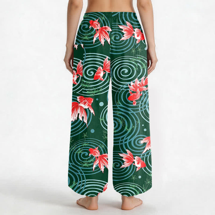 Buddha Stones Pantaloni harem da donna in cotone con motivo a onde di carpe koi orientali e vita elasticizzata, con tasche laterali. - image 12