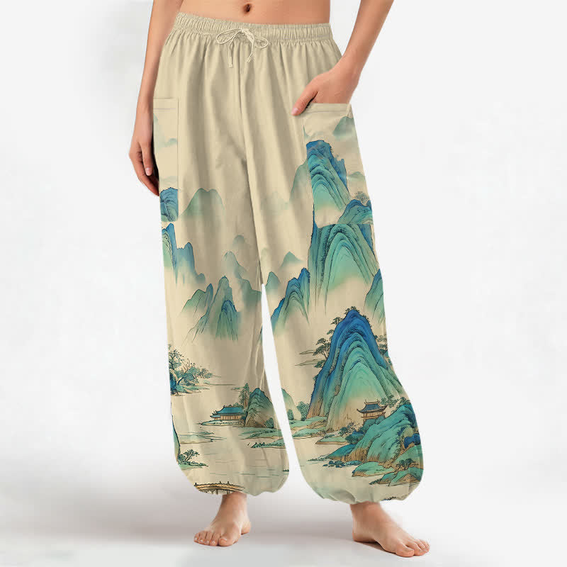 Buddha Stones Pantaloni harem da donna in cotone con elastico in vita e tasche laterali, fantasia Peaks Waters. - Verga d'oro pallida - US16, UK/AU20, EU48 (3XL) - image 0