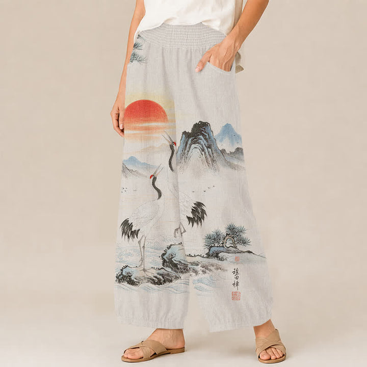 Buddha Stones Pantaloni harem da donna in cotone con stampa paesaggio, gru e sole, pieghe e vita elasticizzata, con tasche. - image 1