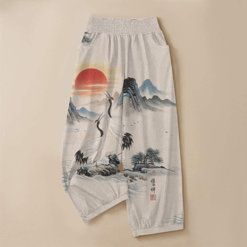 Buddha Stones Pantaloni harem da donna in cotone con stampa paesaggio, gru e sole, pieghe e vita elasticizzata, con tasche. - image 3