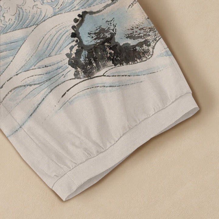 Buddha Stones Pantaloni harem da donna in cotone con stampa paesaggio, gru e sole, pieghe e vita elasticizzata, con tasche. - image 5