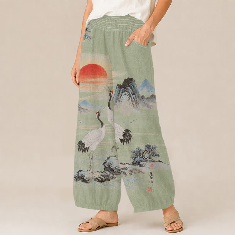 Buddha Stones Pantaloni harem da donna in cotone con stampa paesaggio, gru e sole, pieghe e vita elasticizzata, con tasche. - image 7