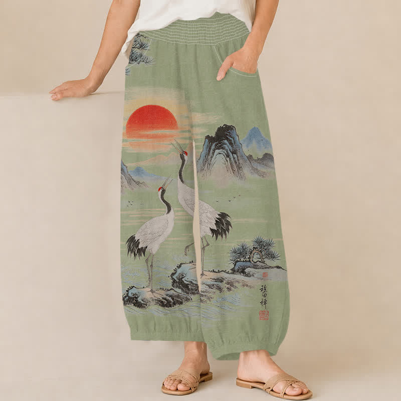 Buddha Stones Pantaloni harem da donna in cotone con stampa paesaggio, gru e sole, pieghe e vita elasticizzata, con tasche. - Verde Mare Scuro - US16, UK/AU20, EU48 (3XL) - image 6