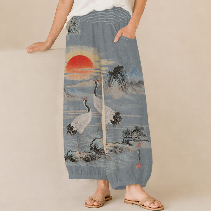 Buddha Stones Pantaloni harem da donna in cotone con stampa paesaggio, gru e sole, pieghe e vita elasticizzata, con tasche. - Blu acciaio chiaro - US16, UK/AU20, EU48 (3XL) - image 10
