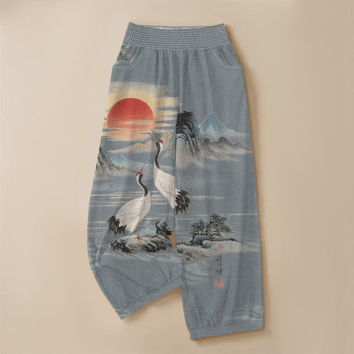 Buddha Stones Pantaloni harem da donna in cotone con stampa paesaggio, gru e sole, pieghe e vita elasticizzata, con tasche. - image 13