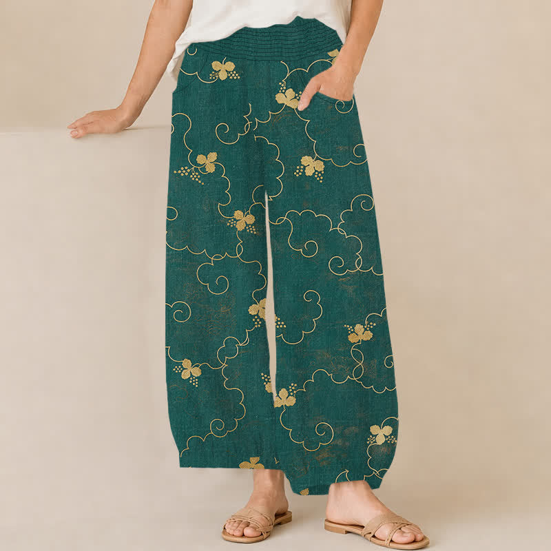 Buddha Stones Pantaloni harem da donna in cotone stile vintage con motivo floreale e nuvole, plissettati e vita elasticizzata, con tasche. - Verde acqua - US16, UK/AU20, EU48 (3XL) - image 6