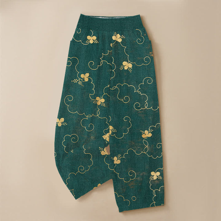 Buddha Stones Pantaloni harem da donna in cotone stile vintage con motivo floreale e nuvole, plissettati e vita elasticizzata, con tasche. - image 9