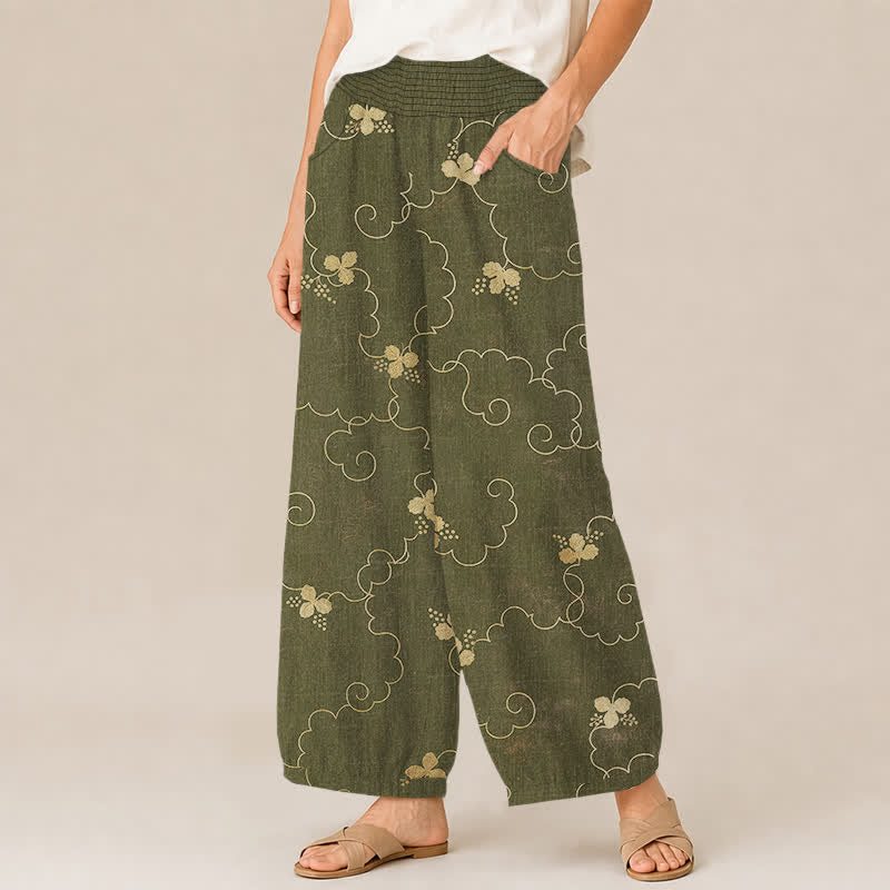 Buddha Stones Pantaloni harem da donna in cotone stile vintage con motivo floreale e nuvole, plissettati e vita elasticizzata, con tasche. - image 11