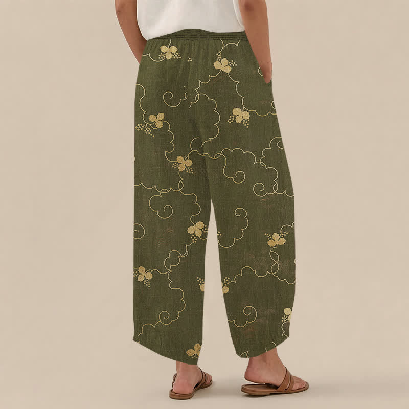 Buddha Stones Pantaloni harem da donna in cotone stile vintage con motivo floreale e nuvole, plissettati e vita elasticizzata, con tasche. - image 12