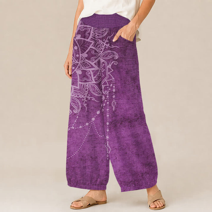 Buddha Stones Pantaloni harem da donna in cotone stile boho con motivo mandala e perline, plissettati e vita elasticizzata, con tasche. - image 1