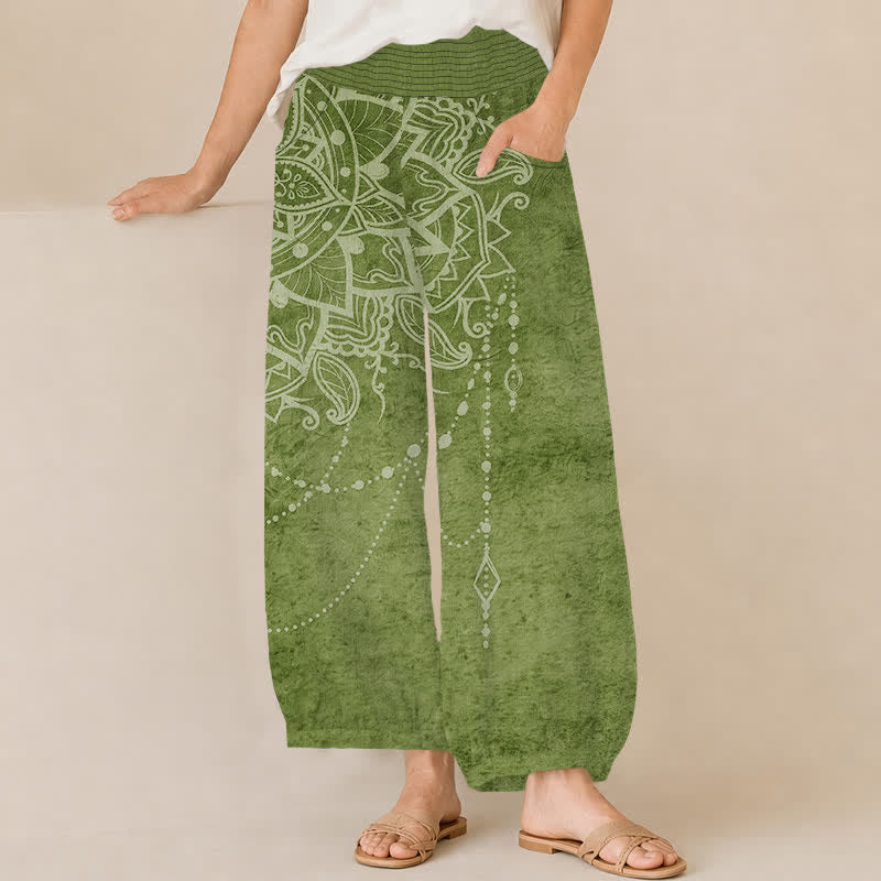 Buddha Stones Pantaloni harem da donna in cotone stile boho con motivo mandala e perline, plissettati e vita elasticizzata, con tasche. - Verde oliva - US16, UK/AU20, EU48 (3XL) - image 6