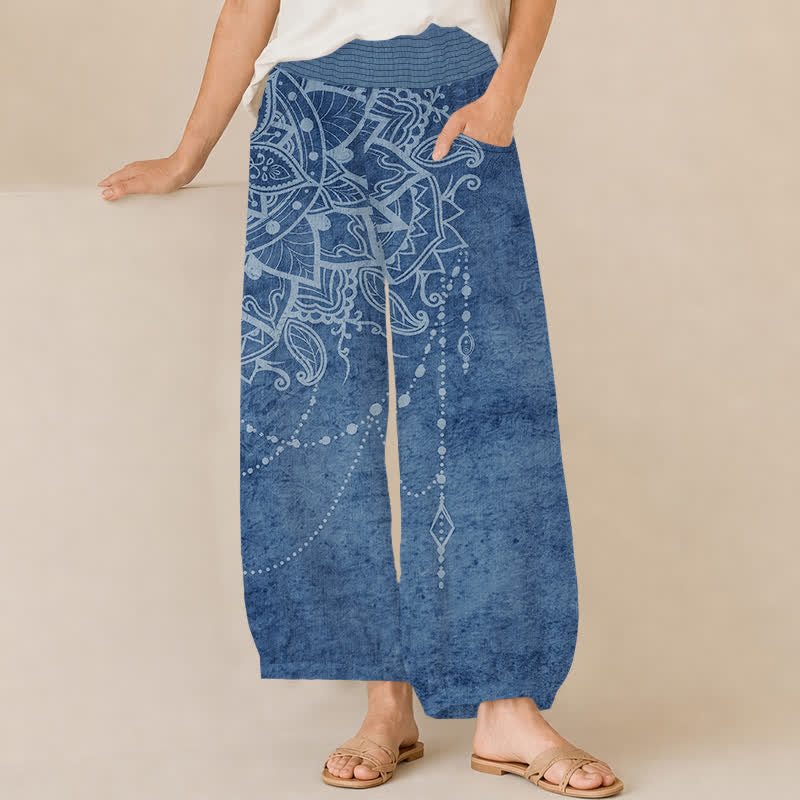 Buddha Stones Pantaloni harem da donna in cotone stile boho con motivo mandala e perline, plissettati e vita elasticizzata, con tasche. - SteelBlue - US16, UK/AU20, EU48 (3XL) - image 10