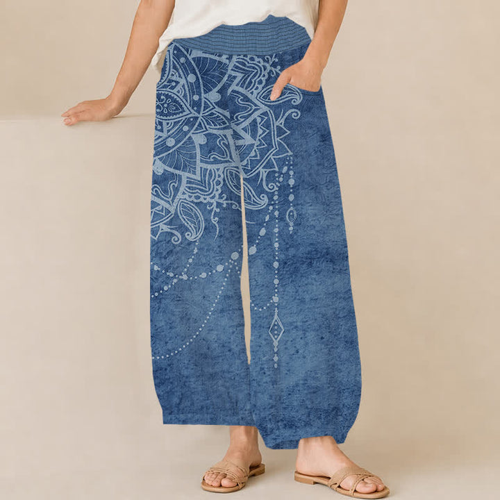 Buddha Stones Pantaloni harem da donna in cotone stile boho con motivo mandala e perline, plissettati e vita elasticizzata, con tasche. - SteelBlue - US16, UK/AU20, EU48 (3XL) - image 10