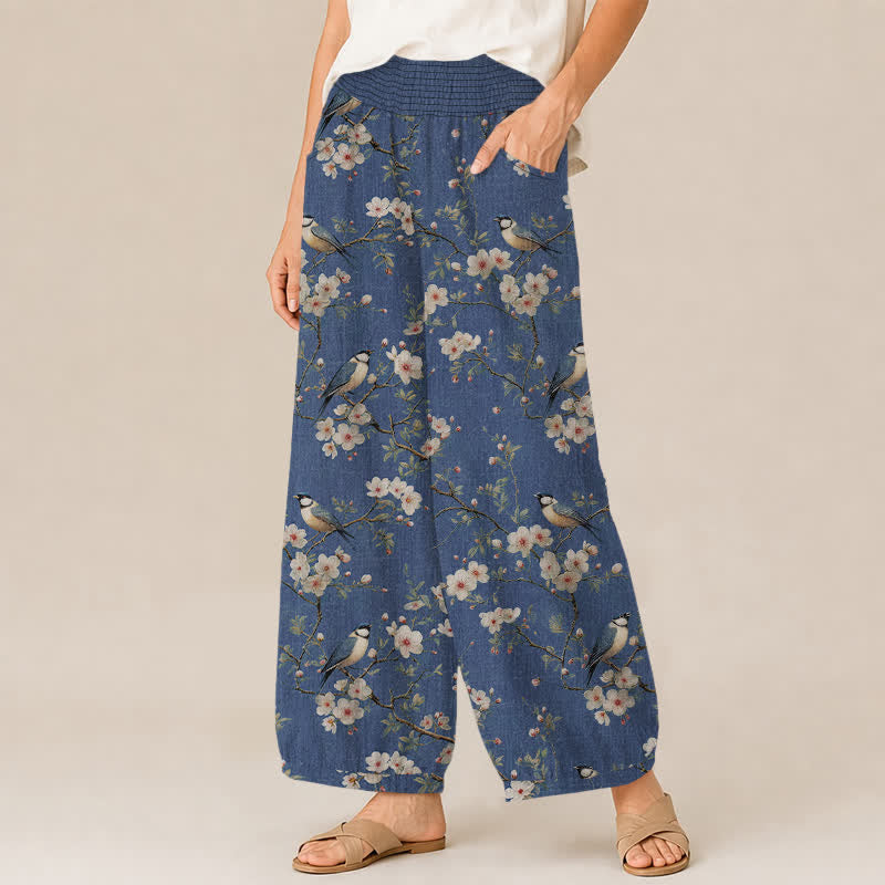 Buddha Stones Pantaloni harem da donna in cotone vintage con stampa floreale e uccellini, plissettati e vita elasticizzata, con tasche. - image 1