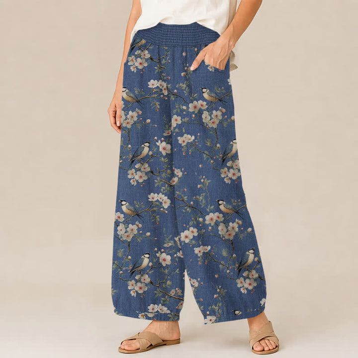 Buddha Stones Pantaloni harem da donna in cotone vintage con stampa floreale e uccellini, plissettati e vita elasticizzata, con tasche. - image 1