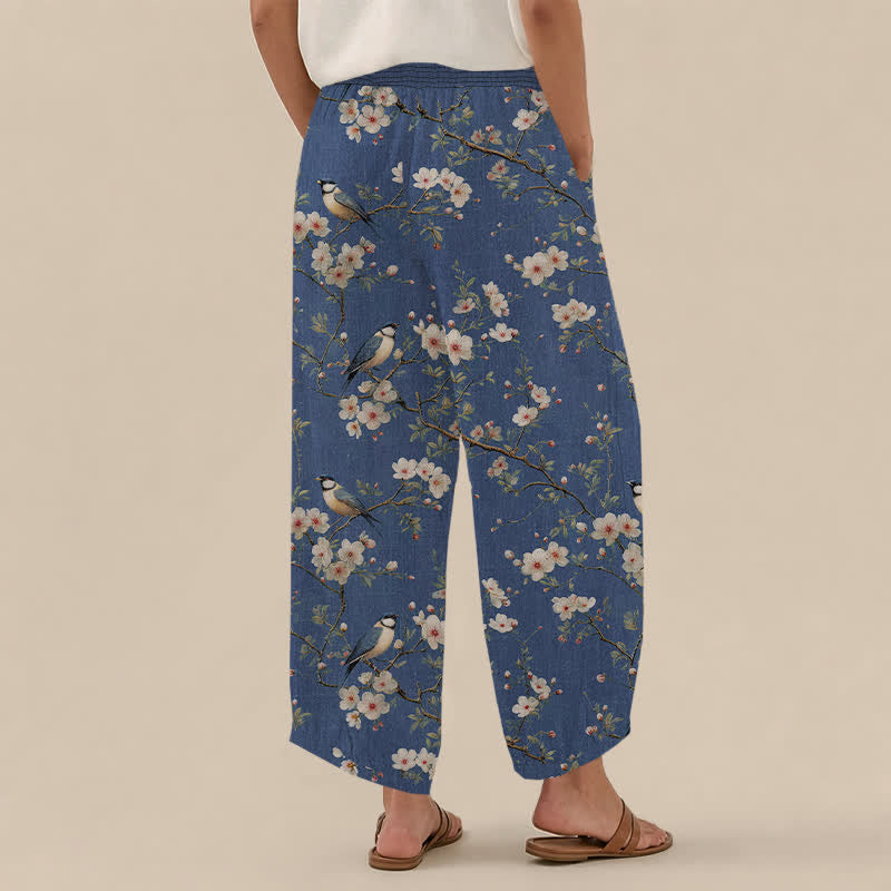 Buddha Stones Pantaloni harem da donna in cotone vintage con stampa floreale e uccellini, plissettati e vita elasticizzata, con tasche. - image 2