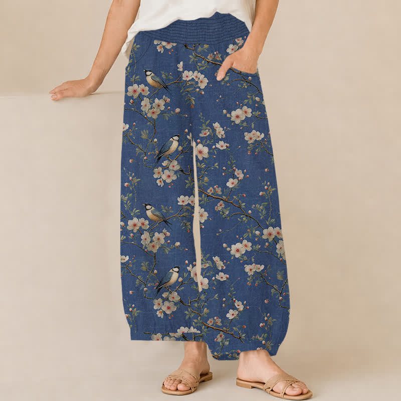 Buddha Stones Pantaloni harem da donna in cotone vintage con stampa floreale e uccellini, plissettati e vita elasticizzata, con tasche. - SteelBlue - US16, UK/AU20, EU48 (3XL) - image 0