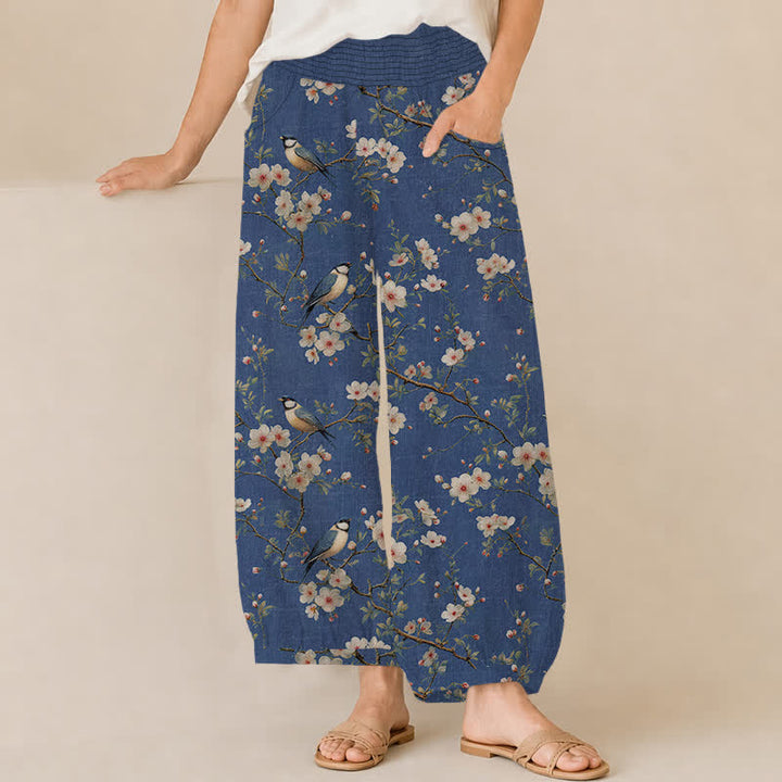 Buddha Stones Pantaloni harem da donna in cotone vintage con stampa floreale e uccellini, plissettati e vita elasticizzata, con tasche. - SteelBlue - US16, UK/AU20, EU48 (3XL) - image 0