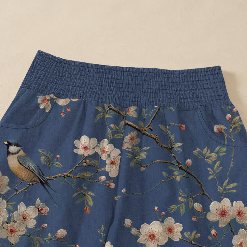 Buddha Stones Pantaloni harem da donna in cotone vintage con stampa floreale e uccellini, plissettati e vita elasticizzata, con tasche. - image 4
