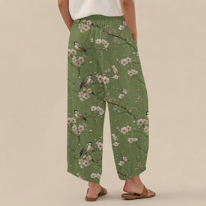 Buddha Stones Pantaloni harem da donna in cotone vintage con stampa floreale e uccellini, plissettati e vita elasticizzata, con tasche. - image 8