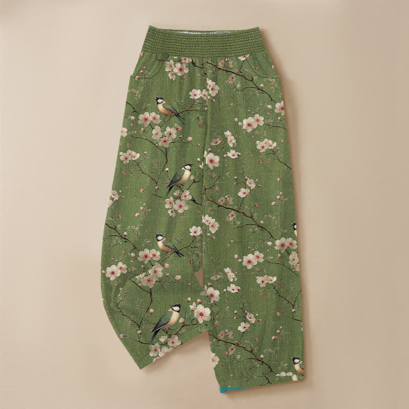 Buddha Stones Pantaloni harem da donna in cotone vintage con stampa floreale e uccellini, plissettati e vita elasticizzata, con tasche. - image 9