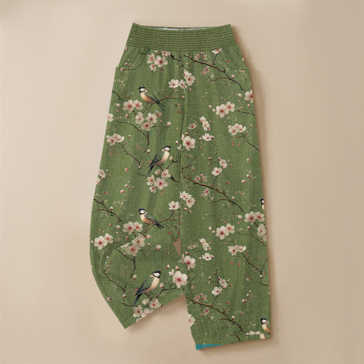 Buddha Stones Pantaloni harem da donna in cotone vintage con stampa floreale e uccellini, plissettati e vita elasticizzata, con tasche. - image 9