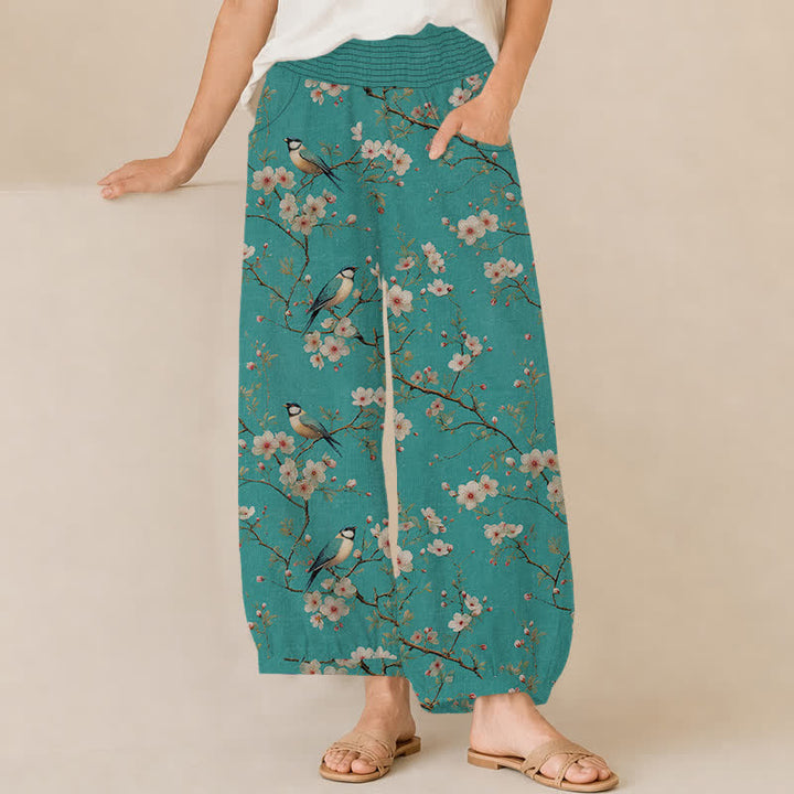 Buddha Stones Pantaloni harem da donna in cotone vintage con stampa floreale e uccellini, plissettati e vita elasticizzata, con tasche. - Turchese medio - US16, UK/AU20, EU48 (3XL) - image 10