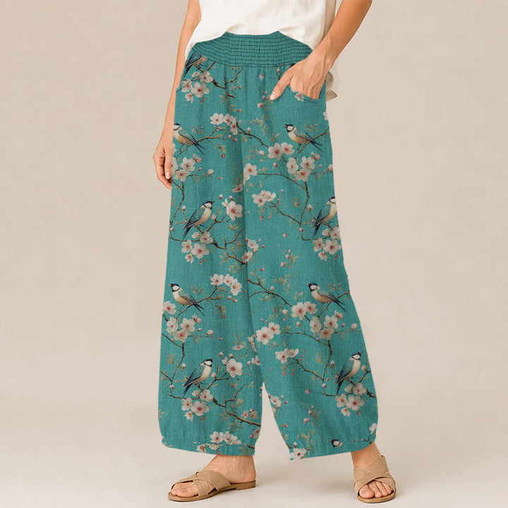 Buddha Stones Pantaloni harem da donna in cotone vintage con stampa floreale e uccellini, plissettati e vita elasticizzata, con tasche. - image 11