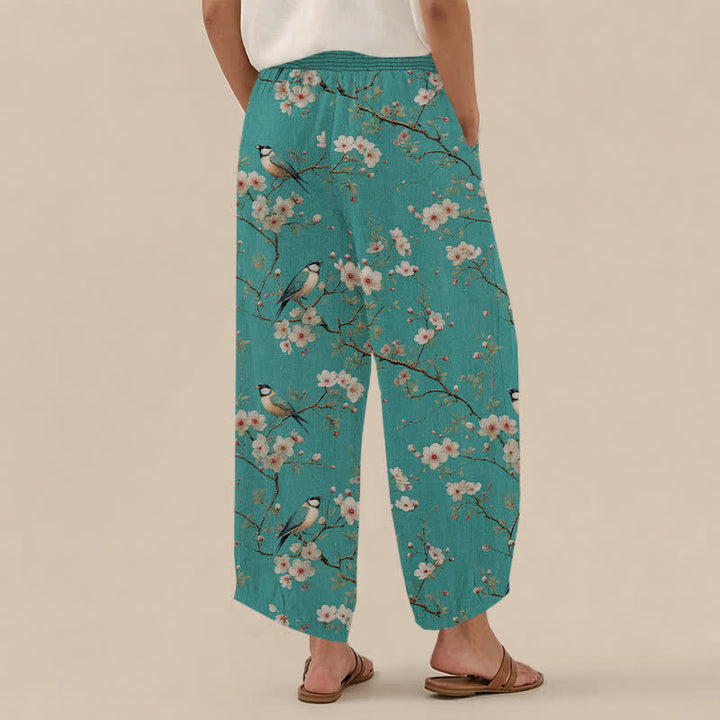 Buddha Stones Pantaloni harem da donna in cotone vintage con stampa floreale e uccellini, plissettati e vita elasticizzata, con tasche. - image 12